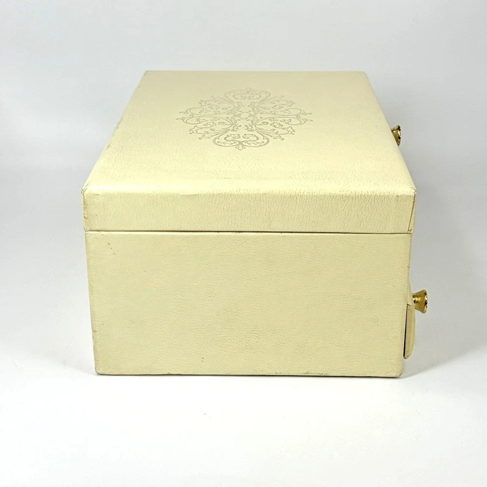 Vintage Jewelry Box Ivory Gold 3 Tier w/ Drawer Red Velvet Satin Lining 12x8